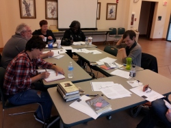 Writers practice journaling during a Vachel Lindsay Association workshop at Adams Wildlife Sanctuary, November 2013.